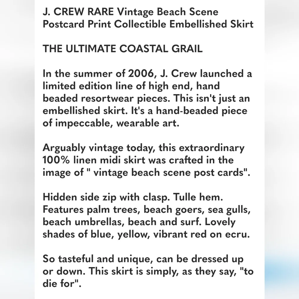 J. CREW Vintage Beach Scene Postcard Print Collectible Ecru Linen Skirt S RARE - Picture 12 of 12